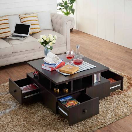 Квадратный кофейный столик с четырьмя выдвижными ящиками - Кофейный столик с четырьмя выдвижными ящиками.